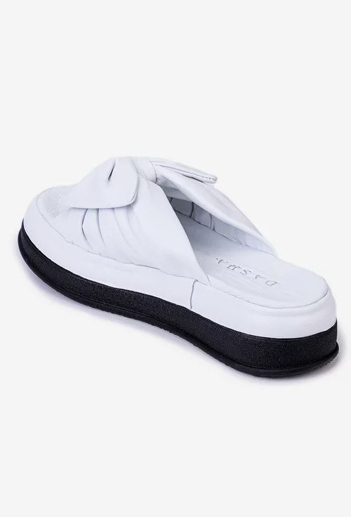 Sandale dama tip papuc din piele alba cu funda