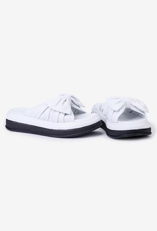 Sandale dama tip papuc din piele alba cu funda