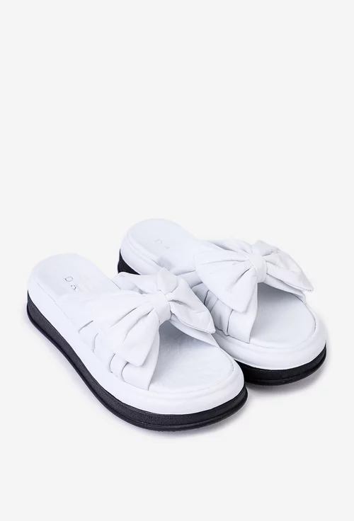 Sandale dama tip papuc din piele alba cu funda