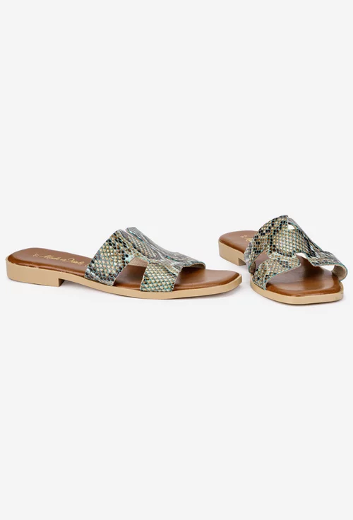 Sandale dama tip papuc din piele cu imprimeu multicolor