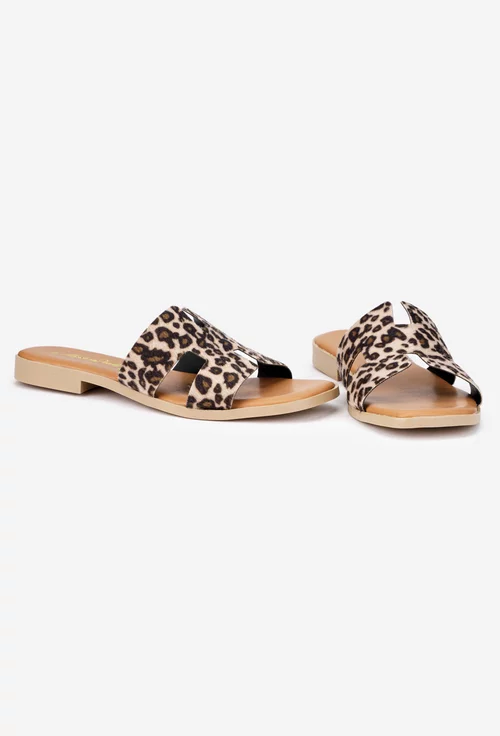 Sandale dama tip papuc din piele cu model animal print maro