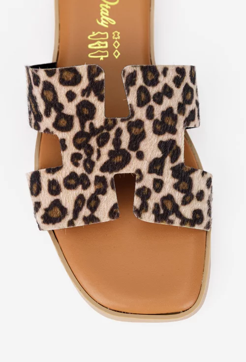Sandale dama tip papuc din piele cu model animal print maro