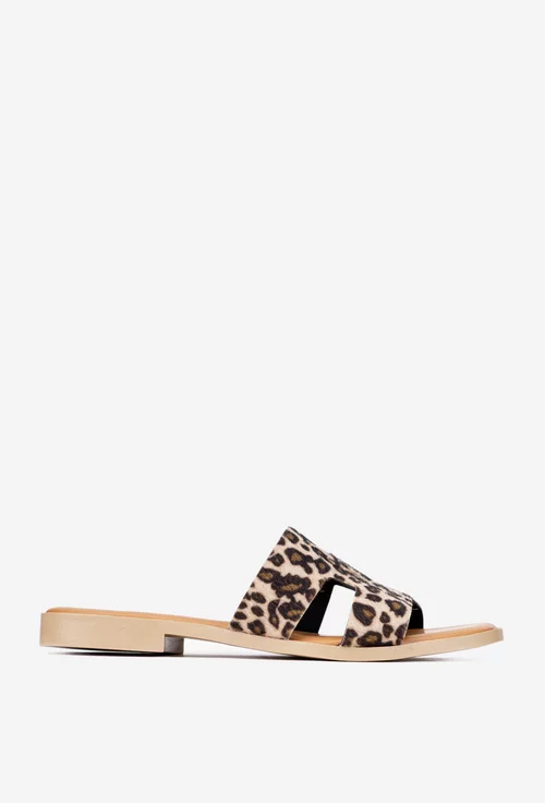 Sandale dama tip papuc din piele cu model animal print maro