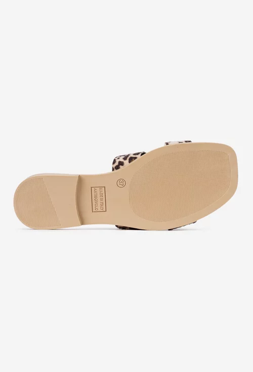 Sandale dama tip papuc din piele cu model animal print maro