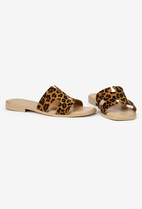 Sandale dama tip papuc din piele maro animal print