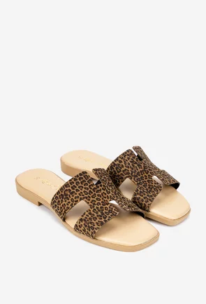 Sandale dama tip papuc din piele maro animal print