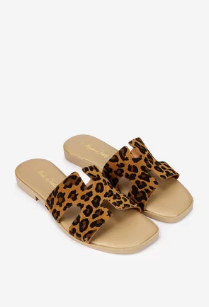 Sandale dama tip papuc din piele maro animal print