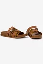 Sandale dama tip papuc din piele maro cu imprimeu