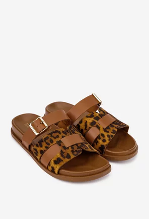 Sandale dama tip papuc din piele maro cu imprimeu
