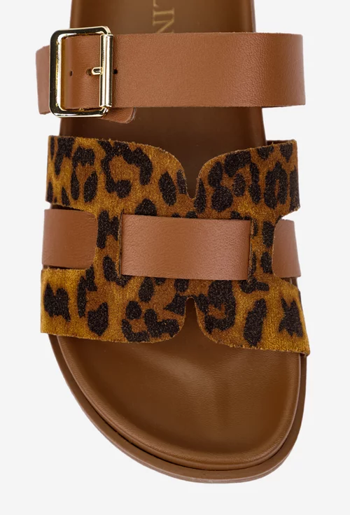 Sandale dama tip papuc din piele maro cu imprimeu