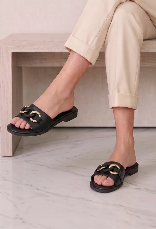 Sandale dama tip papuc din piele naturala neagra picture - 2