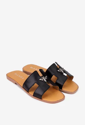 Sandale dama tip papuc din piele naturala neagra cu ornament