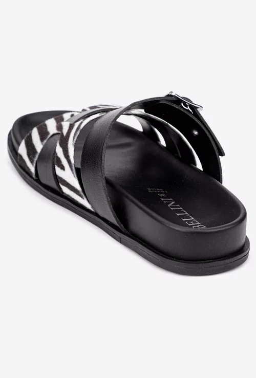 Sandale dama tip papuc din piele neagra cu imprimeu