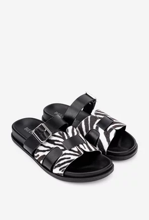 Sandale dama tip papuc din piele neagra cu imprimeu