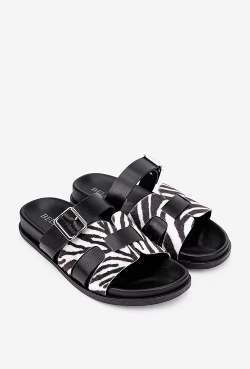 Sandale dama tip papuc din piele neagra cu imprimeu