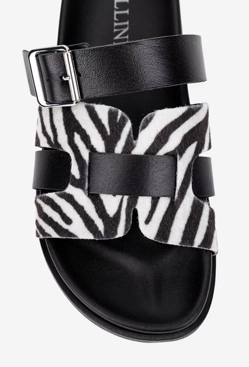 Sandale dama tip papuc din piele neagra cu imprimeu