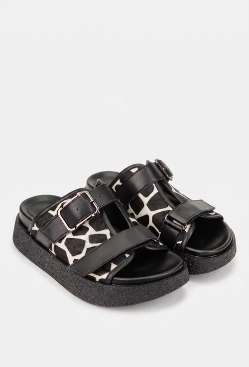 Sandale dama tip papuc NUR din piele neagra cu model animal print