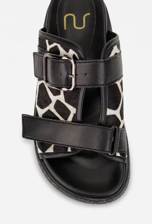 Sandale dama tip papuc NUR din piele neagra cu model animal print