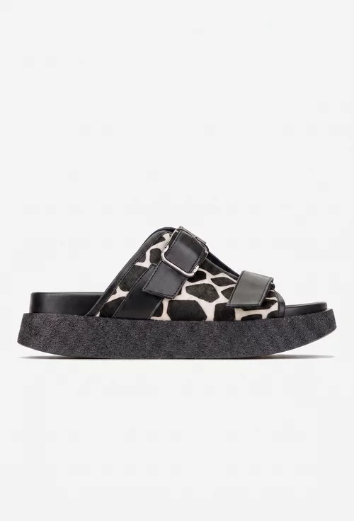 Sandale dama tip papuc NUR din piele neagra cu model animal print