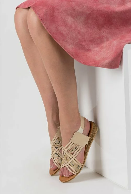 Sandale bej din piele naturala cu imprimeu colorat Ianis