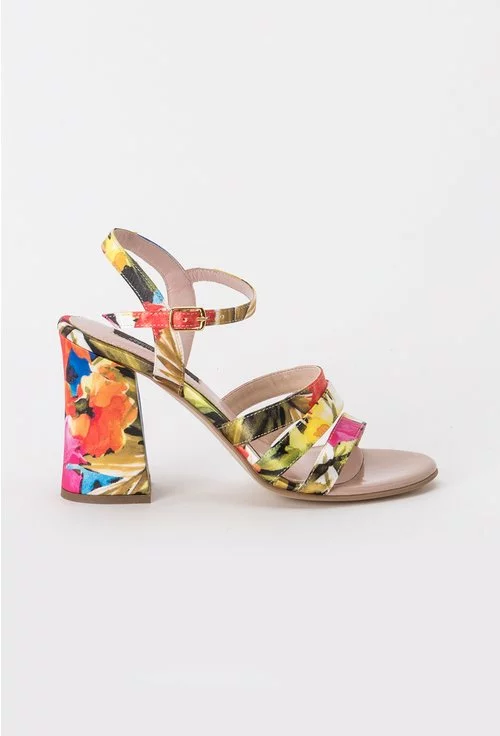 Sandale din piele naturala si material textil cu imprimeu floral colorat Florence
