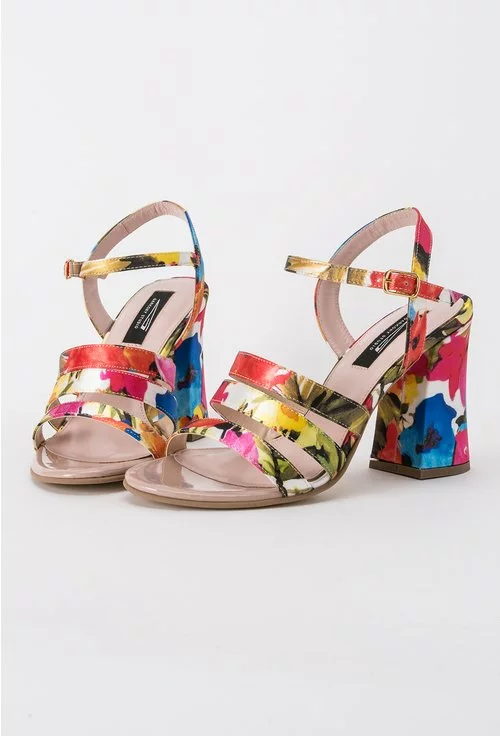 Sandale din piele naturala si material textil cu imprimeu floral colorat Florence