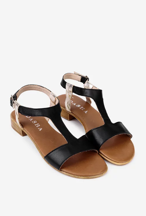 Sandale din piele neagra cu detalii aurii