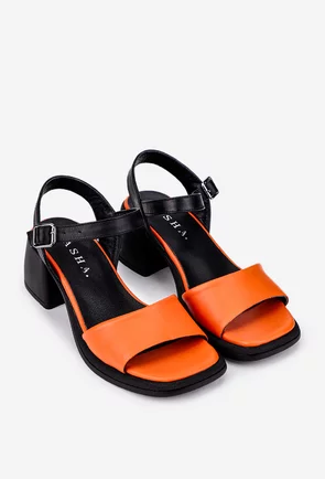 Sandale din piele portocalie cu negru