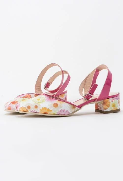 Sandale fucsia din piele naturala cu imprimeu floral colorat Tania