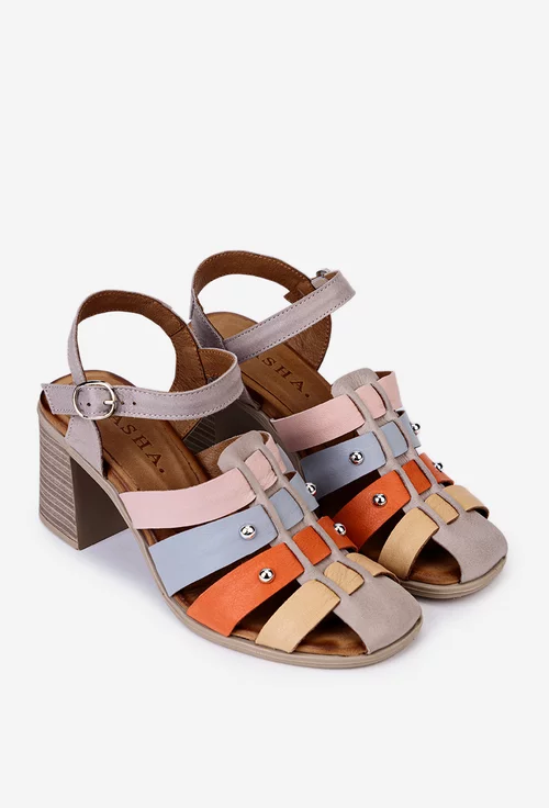 Sandale multicolore din piele cu toc