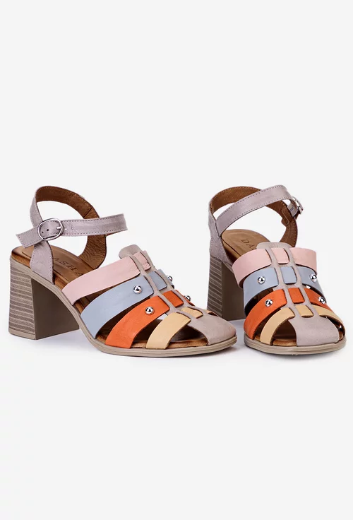 Sandale multicolore din piele cu toc