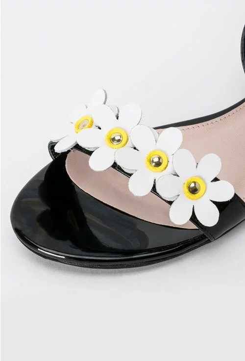 Sandale negre cu model floral alb din piele naturala Monique