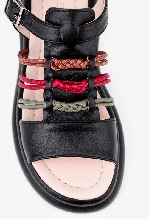Sandale negre din piele naturala cu detalii colorate