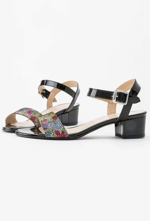Sandale negre din piele naturala cu imprimeu floral colorat Giselle