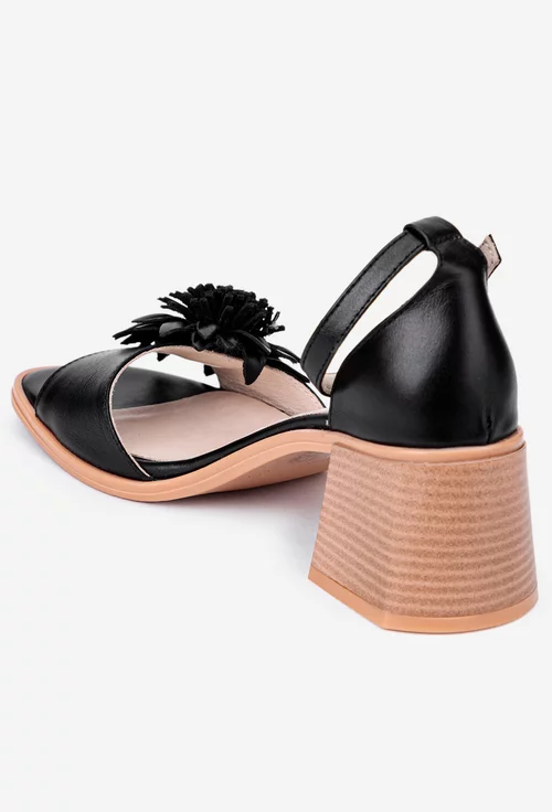 Sandale negre NUR din piele cu ornament floare