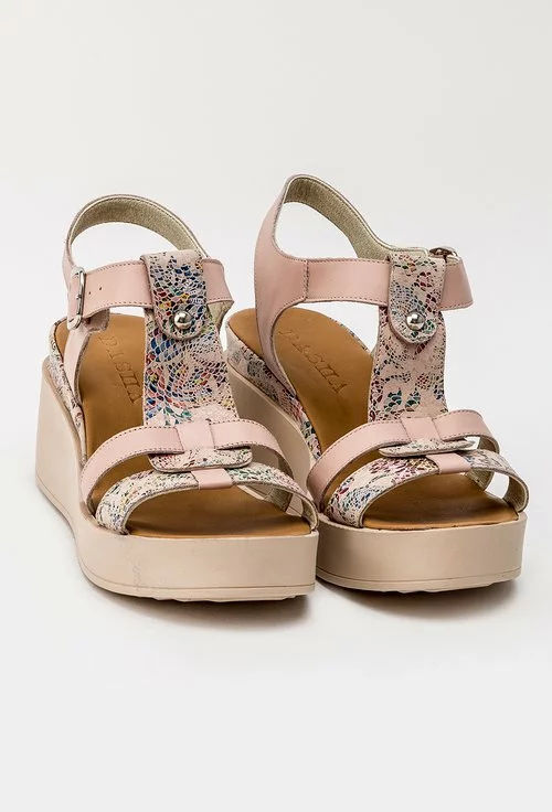 Sandale roze inchis din piele naturala cu imprimeu colorat Flavia