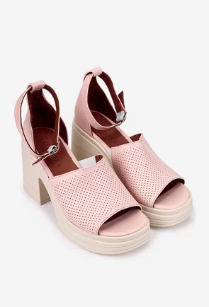 Sandale roz din piele cu toc gros si platforma