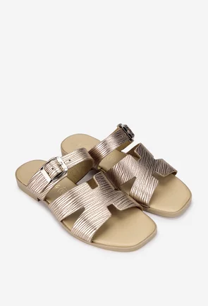 Sandale stil papuc dama din piele auriu roze cu model