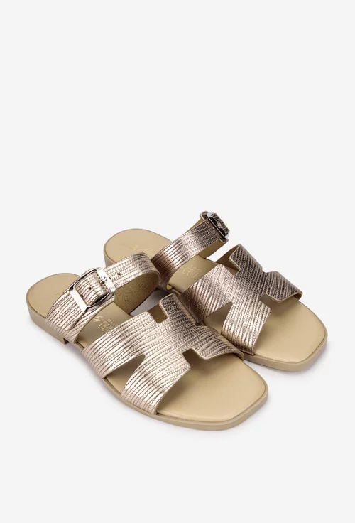 Sandale stil papuc dama din piele auriu roze cu model