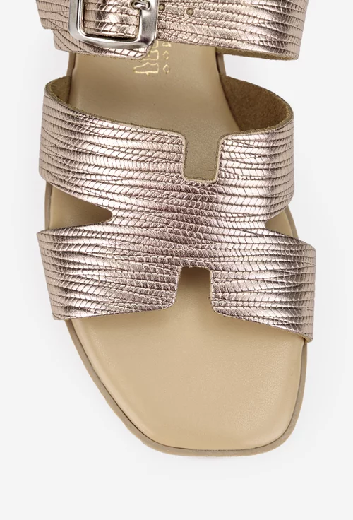 Sandale stil papuc dama din piele auriu roze cu model
