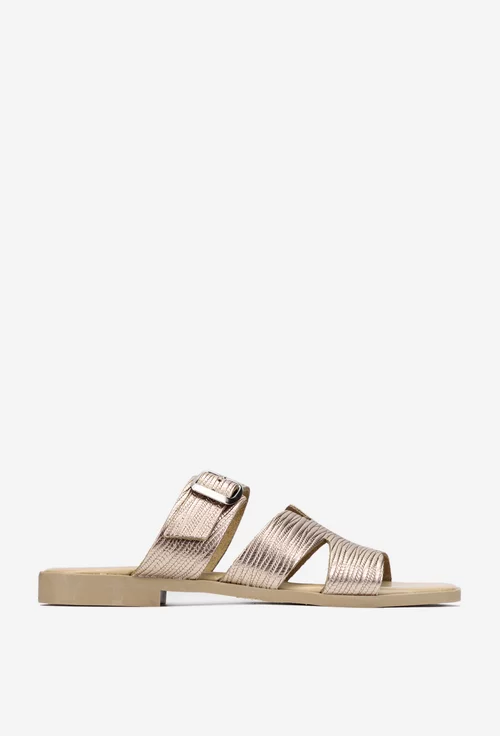 Sandale stil papuc dama din piele auriu roze cu model