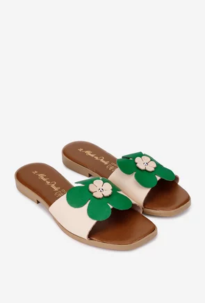 Sandale stil papuc dama din piele bej cu floare verde