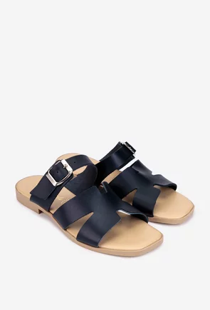 Sandale stil papuc dama din piele bleumarin