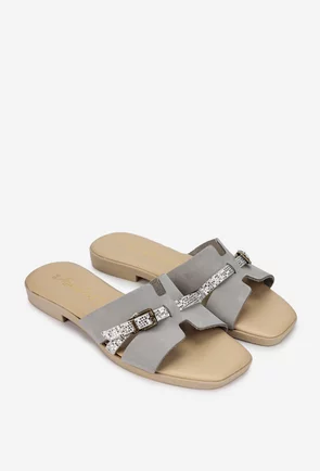Sandale stil papuc dama din piele intoarsa gri