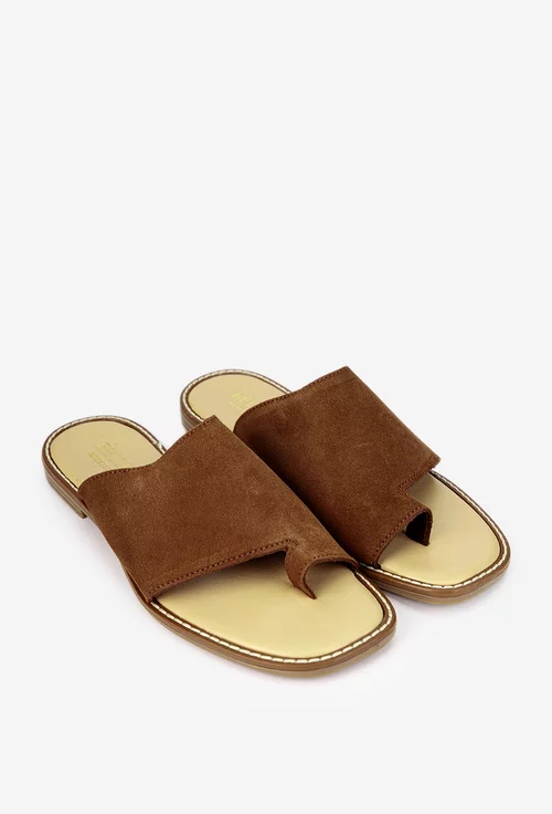 Sandale stil papuc dama din piele intoarsa maro