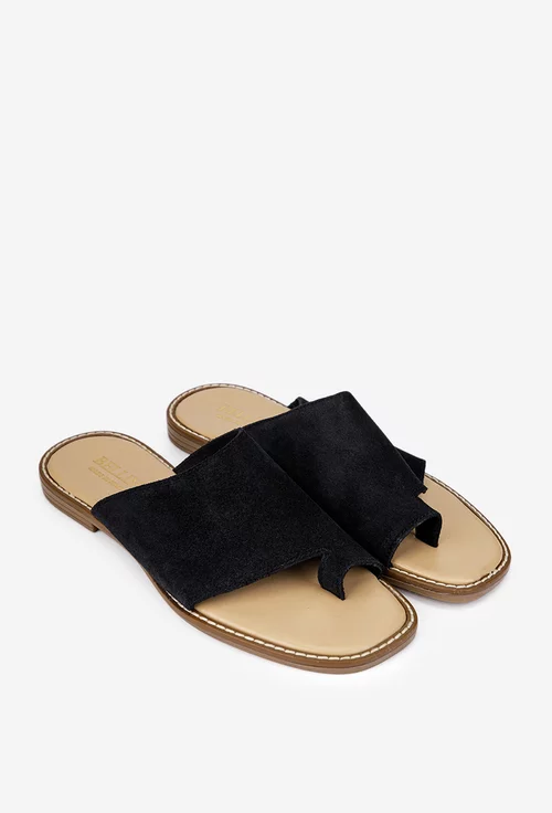 Sandale stil papuc dama din piele intoarsa neagra