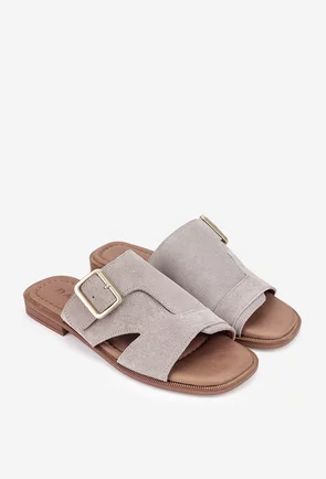 Sandale stil papuc dama din piele intoarsa taupe
