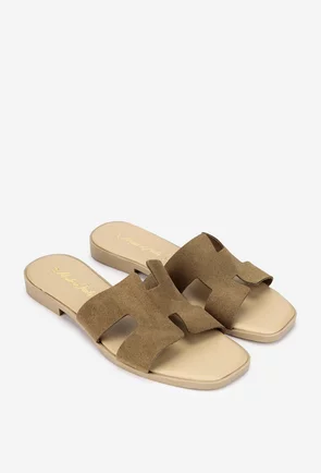 Sandale stil papuc dama din piele intoarsa taupe
