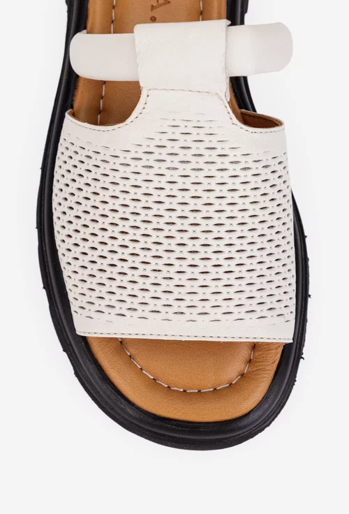 Sandale stil papuc dama din piele perforata bej