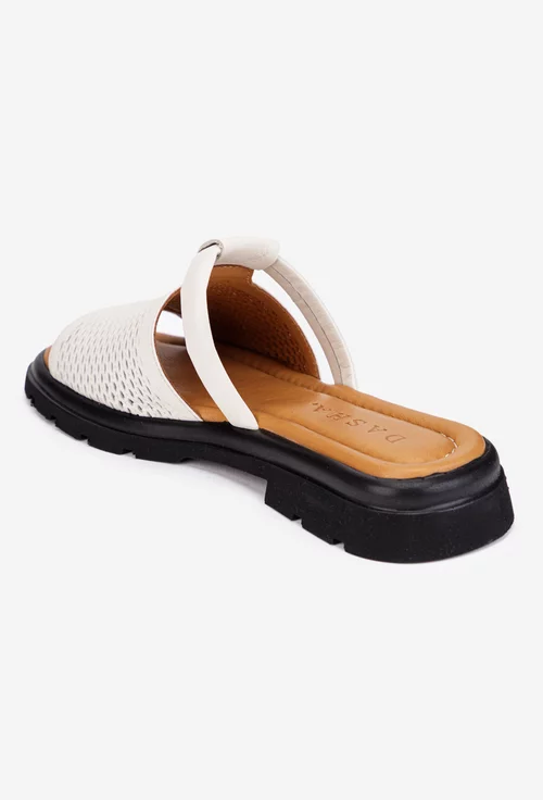Sandale stil papuc dama din piele perforata bej